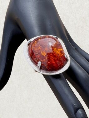 Mogens Godskesen Sterling Silver Ring with Large Baltic Fire Amber, Size 7
